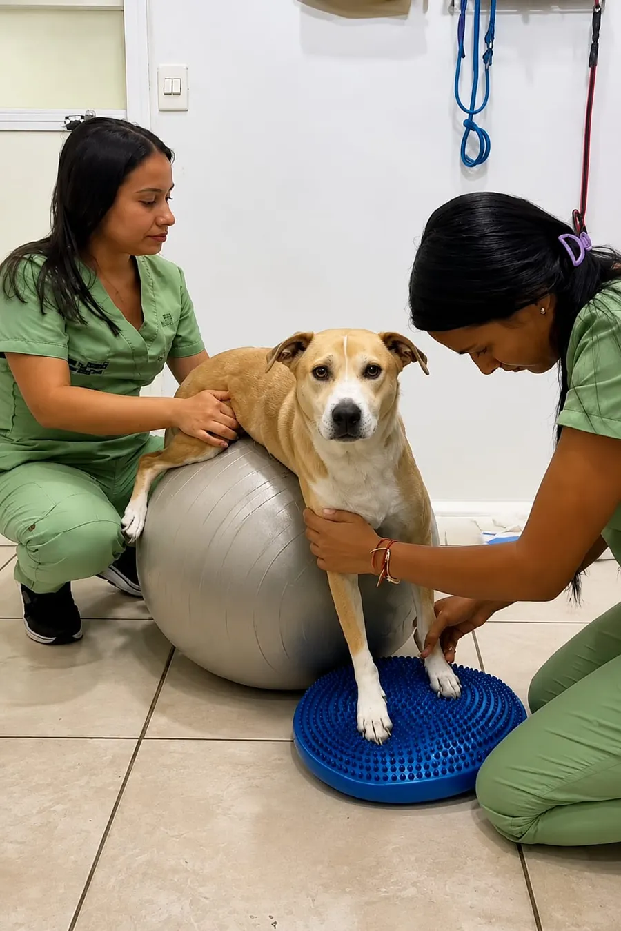 Perro en sesión de fisioterapia sobre balón terapéutico