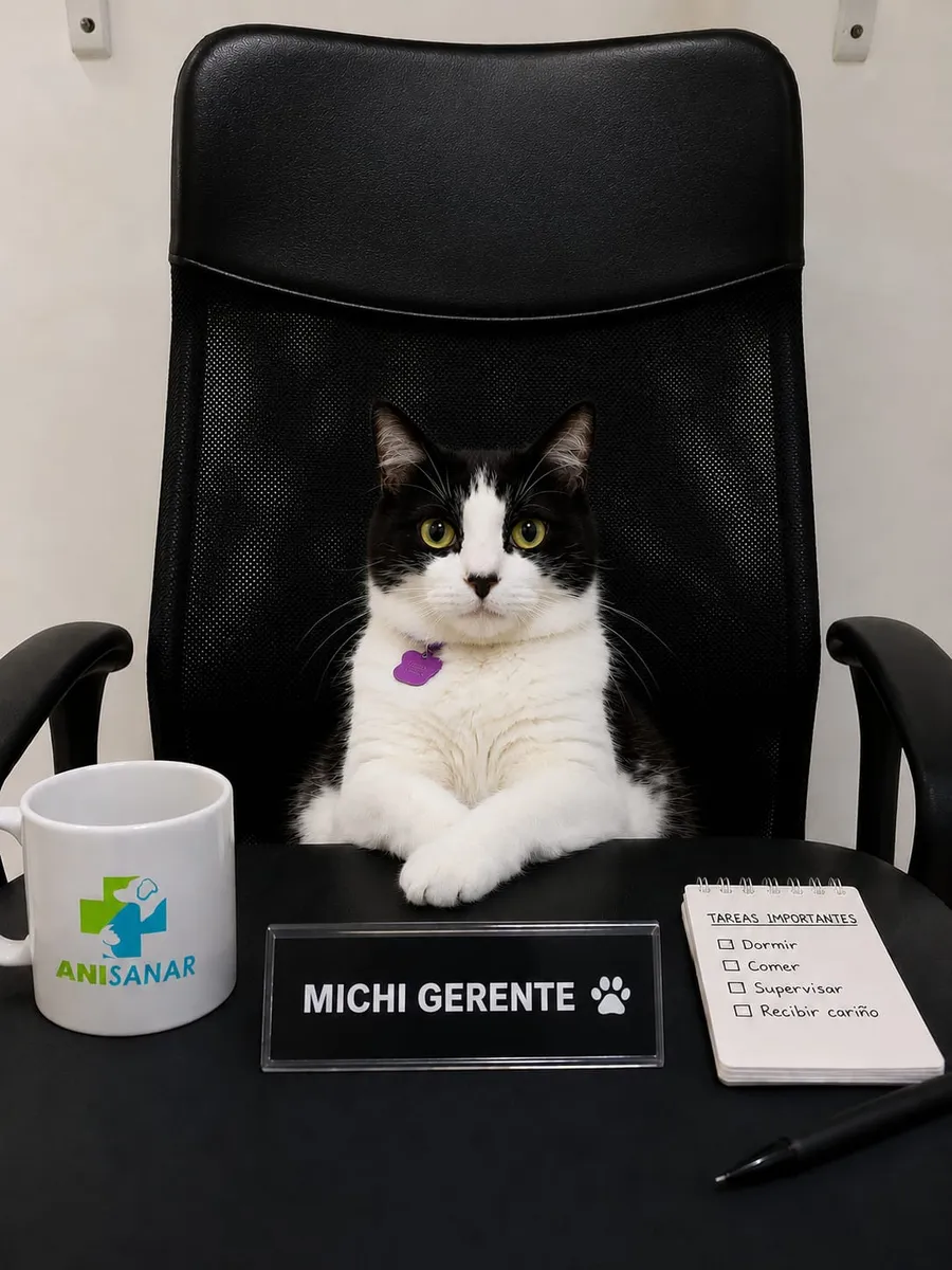 Michi, la gata mascota de la clínica Anisanar, sentada en la silla de gerencia